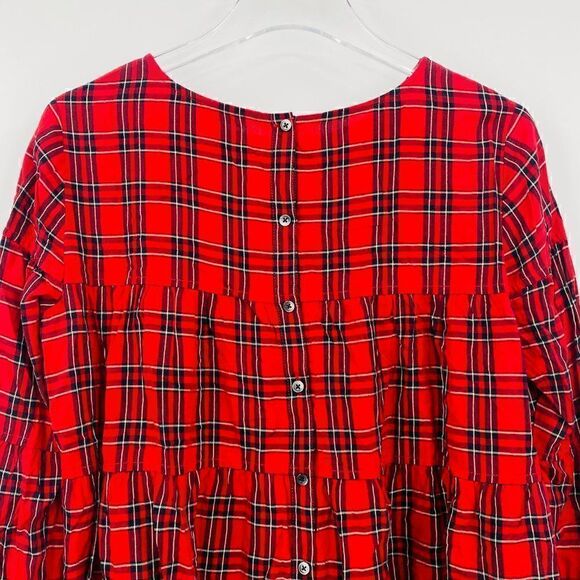 Madewell Size Small Red & Black Plaid Tiered Button Back Swing Top - Picture 10 of 11